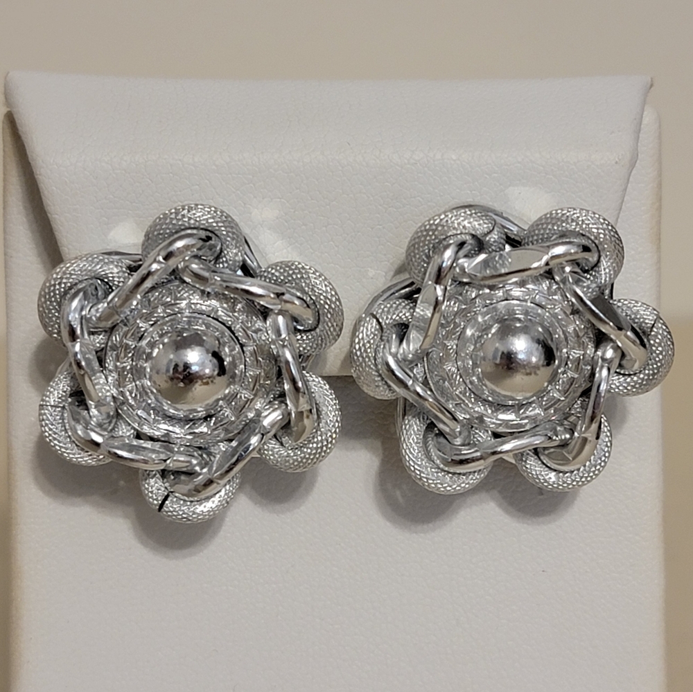 Vintage W Germany Silver Tone Woven Mesh Flower Clip On Earrings MCM